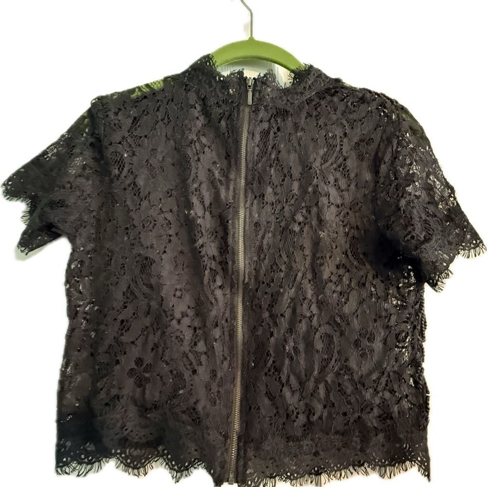 Level Eight Sheer Lace Boxy Short Sleeve Blouse | Gray S/M - Picture 2 of 5